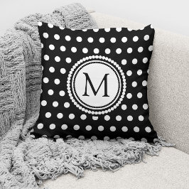 Cojín Decorativo Elegantes puntos de Polka Blanco Negro Monogramado