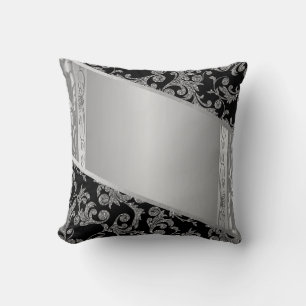 Cojín Decorativo Elegantes Remolinos Negros Plateados con Estilo