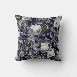 Cojín Decorativo Elegantes Rosas blancos negros de época en azul ma