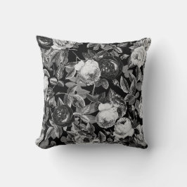 Cojín Decorativo Elegantes Rosas blancos negros de época en negro