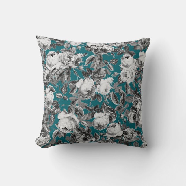 Cojín Decorativo Elegantes Rosas blancos negros de época sobre azul (Anverso)