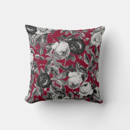 Cojín Decorativo Elegantes Rosas blancos negros vintage sobre rojo 
