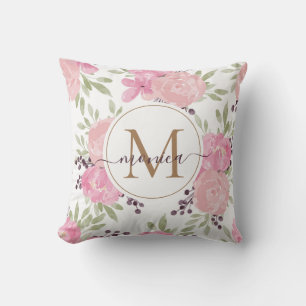 Cojín Decorativo Elegantes Rosas de acuarela Floral Gold Monogramad