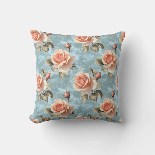 Cojín Decorativo Elegantes Rosas de Peach en fondo azul (Anverso)