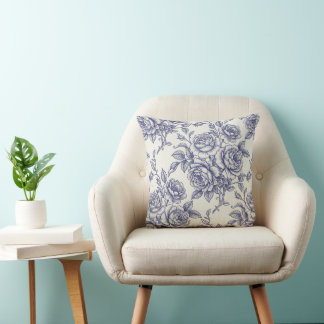 Cojín Decorativo Elegantes rosas florales azules crema Toile de Jou