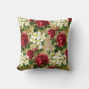 Cojín Decorativo Elegantes Rosas Rojas Vintage Floral Blanco Marrón