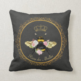 Cojín Decorativo Elegantes Rosas Rosadas Abeja Reina Francesa Gris 