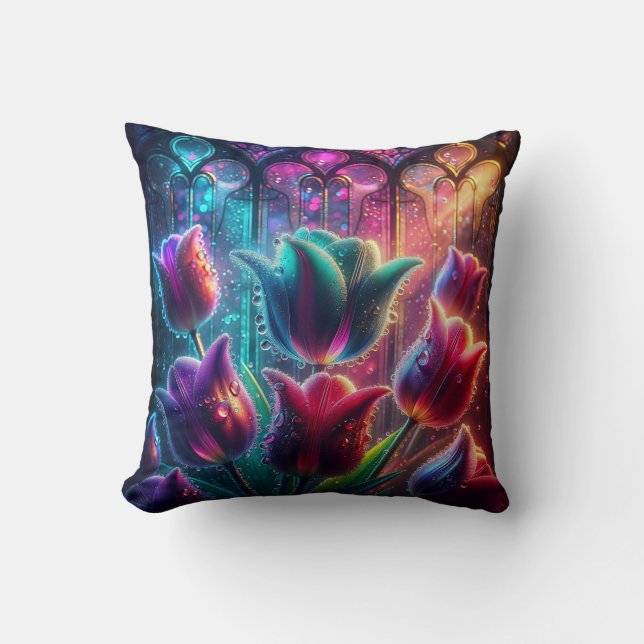 Cojín Decorativo "Elegantes tulipanes empapados en lluvia en ventan (Anverso)