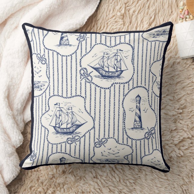 Cojín Decorativo Elemento marino Barco nudos faro de franjas marina (Manta)