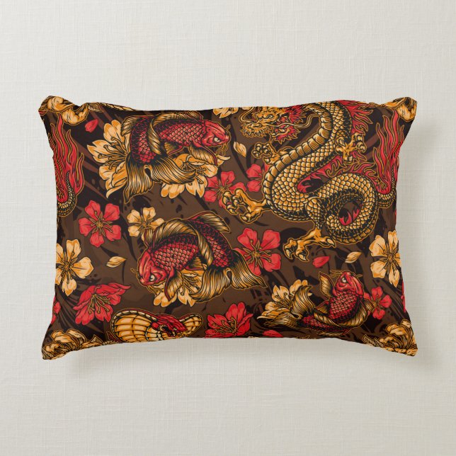 Cojín Decorativo Elementos japoneses de época con un patrón sin fis (Anverso)