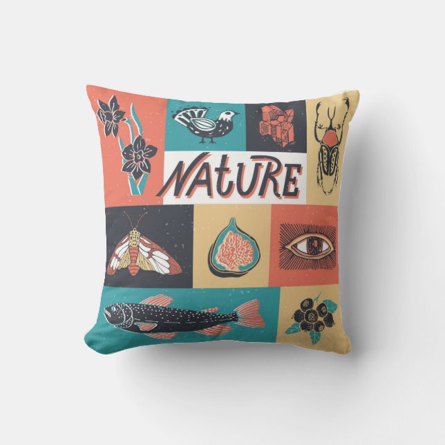 Cojín Decorativo Elementos Naturales, Iconos De Estilo Retro. (Anverso)