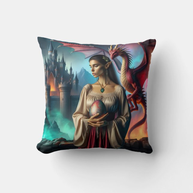 Cojín Decorativo Elf sosteniendo un huevo de dragón (Anverso)