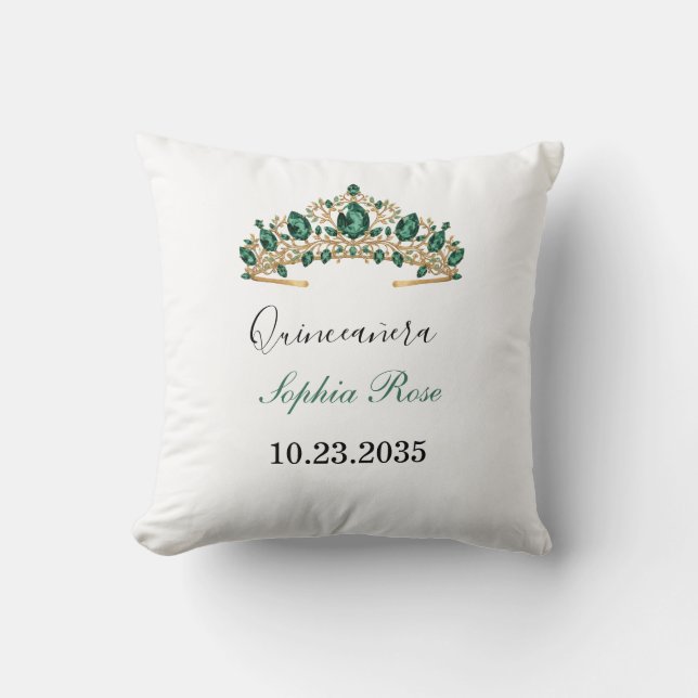 Cojín Decorativo Emerald Green Gold Tiara Quinceañera Pillow (Anverso)
