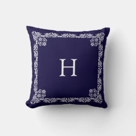 Cojín Decorativo Encaje Blanco Chic Vector y Monograma en Azul Mari