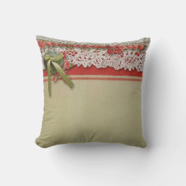 Cojín Decorativo Encaje de Rosa Antigua Arpillera Roja Victoriana R