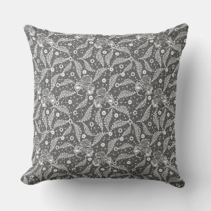 Cojín Decorativo Encaje floral blanco sobre fondo gris