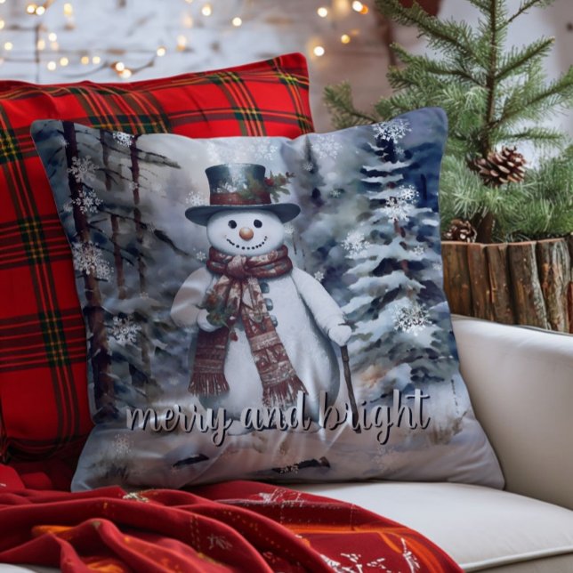 Cojín Decorativo Encantador bosque acuático de Snowman (Charming Snowman Watercolor Winter Forest Throw Pillow)