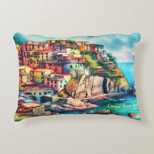 Cojín Decorativo Encanto costero Italia Acuarela Cinque Terre | (Anverso)