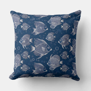 Cojín Decorativo Encanto Náutico Azul Marino con Peces Blancos
