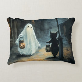Cojín Decorativo Encuentro de Fantasma y Gato de Halloween