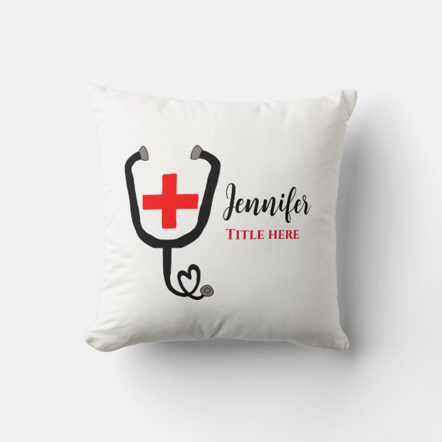 Cojín Decorativo Enfermero médica médico rojo más estetoscopio añad (Anverso)