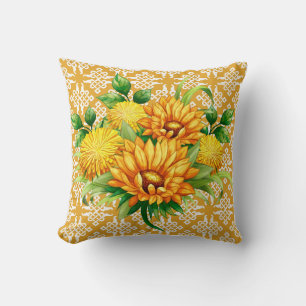 Cojín Decorativo Enrejado Amarillo Con Ramo