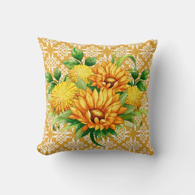 Cojín Decorativo Enrejado Amarillo Con Ramo (Anverso)