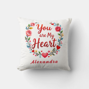 Cojín Decorativo Eres mi corazón, flor romántica en blanco