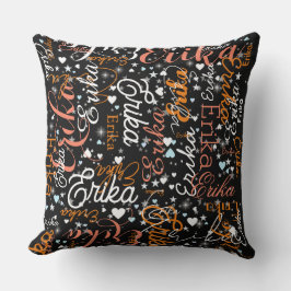 Cojín Decorativo Erika Custom Name, Cute Hearts y Stars Black