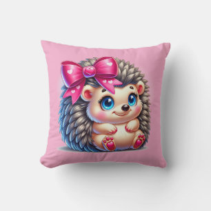 Cojín Decorativo Erizo de dibujos animados adorable con lazo rosa