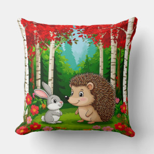 Cojín Decorativo Erizo y conejo lindos en un bosque brillante