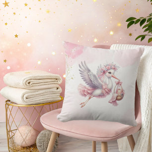 Cojín Decorativo Es una niña Pink Stork Pink Clouds Baby Shower