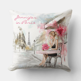 Cojín Decorativo Esbozo acuarela de París con café femenino