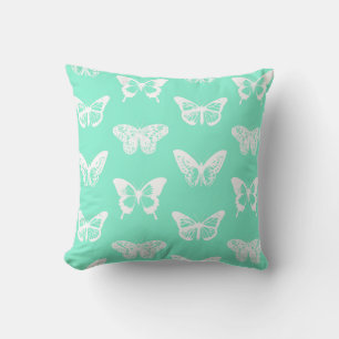 Cojín Decorativo Esbozo de mariposa, aqua y blanco