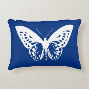 Cojín Decorativo Esbozo de mariposa, azul cobalto y blanco