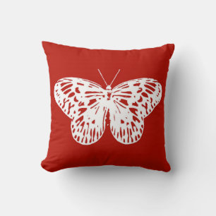 Cojín Decorativo Esbozo de mariposa, rojo profundo y blanco
