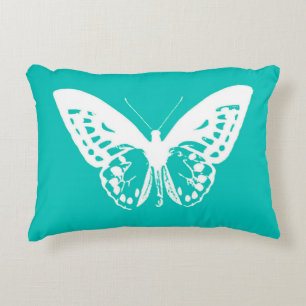 Cojín Decorativo Esbozo de mariposa, turquesa y blanco