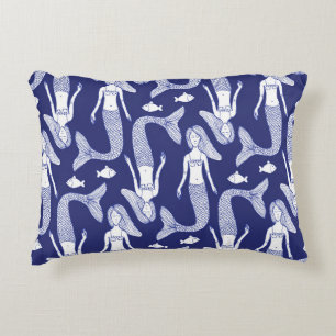 Cojín Decorativo Esbozo de sirena: Patrón de peces de época.