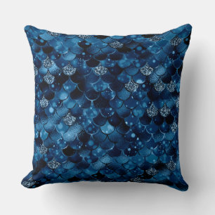 Cojín Decorativo Escamas de pez sirena con brillo azul real elegant