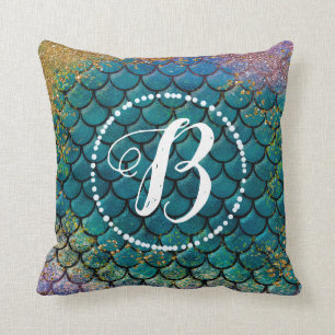 Cojín Decorativo Escamas de pez sirena glamour azul teñido púrpura