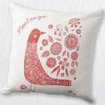 Cojín Decorativo Escandinavo de pájaro blanco rojo personalizado<br><div class="desc">Diseño de flores y pájaros rojos y blancos estilo arte folclórico escandinavo. Arte original de Nic Squirrell. Cambie o quite el nombre al personalizar.</div>