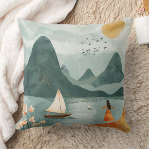 Cojín Decorativo Escape Romántico de Montaña y Lago Teal bajo el So