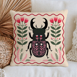 Cojín Decorativo Escarabajo de Arte Popular de Primavera Insecto Fl