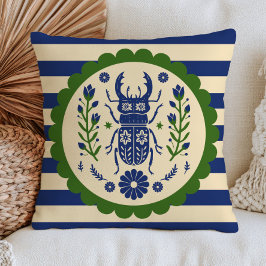 Cojín Decorativo Escarabajo Floral Insecto Azul Rayado Arte Popular
