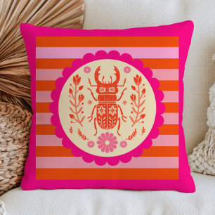 Cojín Decorativo Escarabajo Floral Insecto Patrón de Raya Rosa y Na