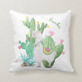 Cojín Decorativo Escena blanca linda de la llama y del cactus -
