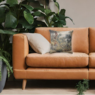 Cojín Decorativo Escena botánica de cebras y leones en un oasis