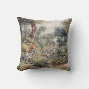Cojín Decorativo Escena botánica de cebras y leones en un oasis