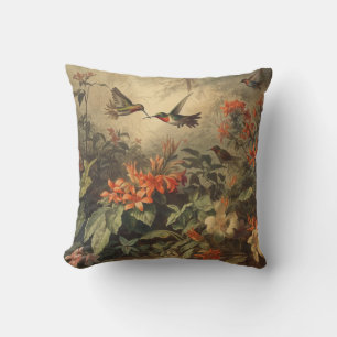 Cojín Decorativo Escena botánica vintage de humingaves y flores