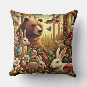 Cojín Decorativo Escena caprichosa del bosque con animales lindos